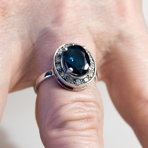 1950s Two Carat Oval Vintage SAPPHIRE and Diamond Ring, Medium Blue Sapphire RING, Size 5-1/2, Sapphire and Diamond Ring