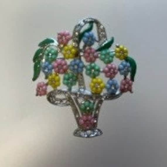 1950s Vintage FLORAL Pastel and Rhinestone BROOCH - image 1