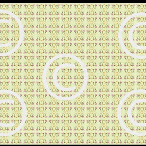 Könnte beinhalten: Ein sich wiederholendes Muster aus kleinen, quadratischen Fliesen in Grün-, Gelb- und Rosatönen. Die Fliesen weisen ein florales Design auf. Große weiße Spiralformen sind über das Muster gelegt und erzeugen einen geschichteten Effekt.