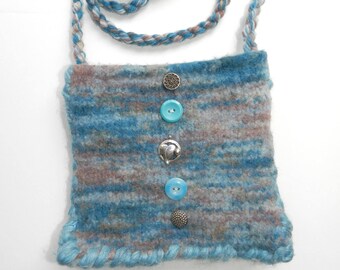 Hand Knit Felted Crossbody Bag, Small Sky Blue Turquoise and White Felt Bag, Blue Turquoise and White Felt Purse, OOAK Hand Knit Felt Gift