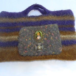 Top Handle Bag, Hand Knit Felted Bag, Purple and Brown Striped Felt Bag, OOAK Hand Knit Felt Gift