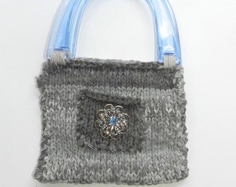 Top Handle Bag, Hand Knit Bag, Grey and Blue Knit Purse, OOAK Hand Knit Gift
