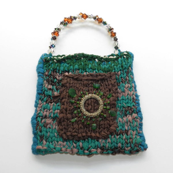 Top Handle Bag, Hand Knit Bag, Turquoise Green and Brown Knit Purse, OOAK Hand Knit Gift