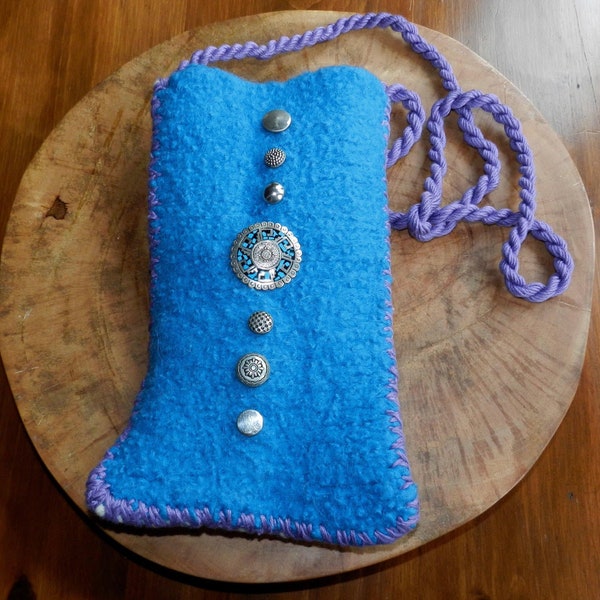 Hand Knit Felted Crossbody Bag, Turquoise White and Purple Felt Bag, Small Turquoise White and Purple Felt Purse, OOAK Hand Knit Felt Gift