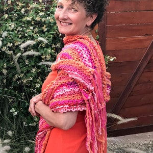 Hand Knit Pink Orange and Coral Wrap, Spring/Summer Wrap/Shawl, Pink and Orange Lightweight Shawl, OOAK Hand Knit Pink and Orange Wrap
