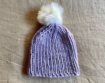 Beautiful Hand Knit Beanie, Winter Hat with Pom Pom, Merino Wool Hat, Lavender Ribbed Hat, Ribbed Knit Beanie