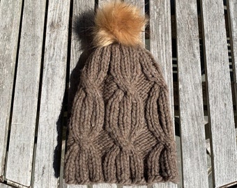 Luxury Hand Knit Beanie, Winter Hat with PomPom, Merino Wool Hat, Heather Brown Cable Knit Hat, Cable Knit Beanie