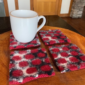 Hand Knit Felted Coaster Set, 4 Red Black and White Felt Coasters, Wool Felt Coaster Gift Set