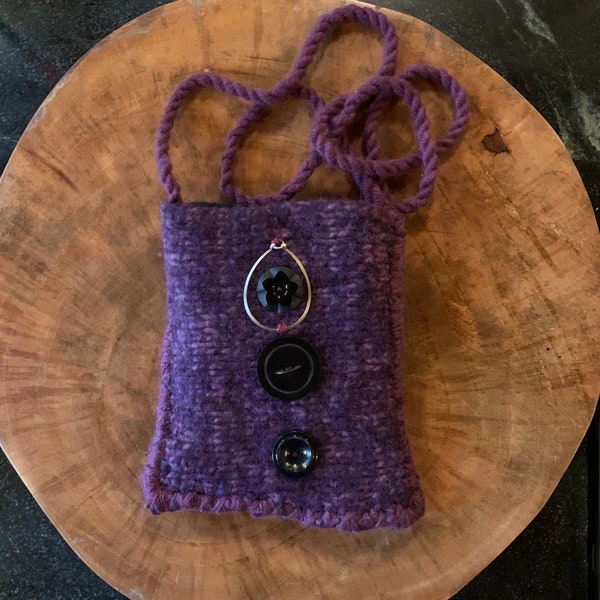 Hand Knit Felted Crossbody Bag, Purple and Black Phone-size Bag, Small Purple Phone Bag, Cell Phone Carrier, Small Handmade Felt Purse