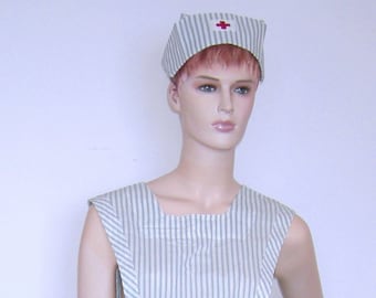 40s WWII Vintage RED CROSS Uniform Candy Striper Volunteer Nurse Dress Authentic Vintage Jumper pinafore Costume Dress & Hat/Cap Waist 29"