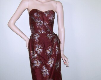 Vintage 1950s ALFRED SHAHEEN Sarong Hawaiian Dress Metallic Gold Silver Pinup Girl Bombshell VLV Tiki Rockabilly Shelf Bust Boning Dress