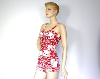 Vintage 1950s ALFRED SHAHEEN/ Hawaiian Bathingsuit/ Swimsuit/ Playsuit/ Rockabilly Bombshell/ VLV/ 50th State/ Red Tiki Tapa Hawaiian Island