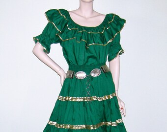 Vintage PATIO DRESS, Frida Green Cotton Square dance dress, Western Rockabilly, Vintage pinup Bombshell circle skirt, Ric Rac Fiesta Dance L