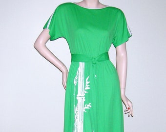 Vintage 1970s ALFRED SHAHEEN Hawaiian Dress Mod Kimono Bamboo Green Bombshell Pin up Rockabilly Sundress Jersey Knit Deadstock NOS