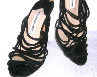 MANOLO BLAHNIK Strappy Black Suede LEATHER Crisscross Strap