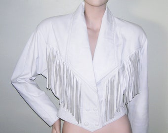 Vintage 1980s CHIA Fringe Lambskin Leather Jacket Avant-garde White Genuine Leather Soft Cropped Western, Rocker Motorcycle Jacket Coat Rare