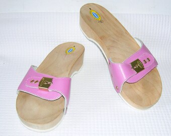 Rare Vintage 70s Dr Scholl s Wood Exercise Sandals Purple Made Italy NWOB Classic Original Leather Lavender Rockabilly Bombshell Shoe Size 9