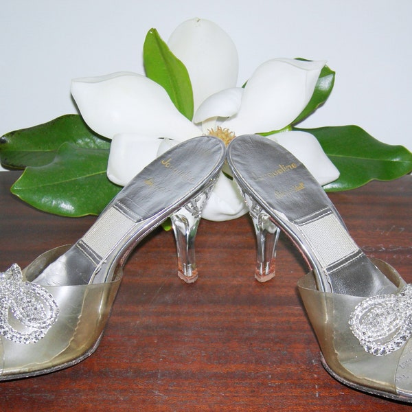 50s Vintage SPRINGOLATOR Mules Clear LUCITE RHINESTONE Bombshell Peep toe Madmen Heels Shoes