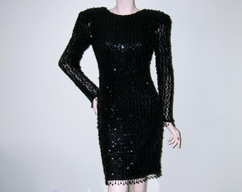 Climax Black Sequined Dress/ Vintage 1980s Karen Okada For David Howard Climax Sequin & Lace Open back Little Black Dress Party Disco CA USA