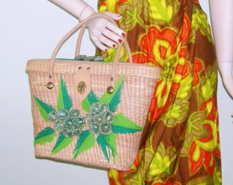 Vintage 1950s Straw Bag Hawaiian Tiki Tote Mod VLV Rockabilly Bombshell Pin up Wicker Rattan Purse Large Tote Bag Like Deadstock New Mint
