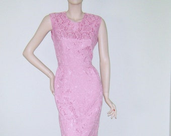 Vintage 1950s 1960s Pink Lace Hollywood Starlet Mod Hourglass Bombshell Pin Up Wiggle Rockabilly Cocktail Dress Cathy Gray LTD Made in USA