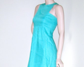 Early 1960's Donald Brooks Dress Aqua Blue Linen Couture Space Age Mod 60s Dress Jackie O Kennedy Designer Bakelite Buttons Deadstock New