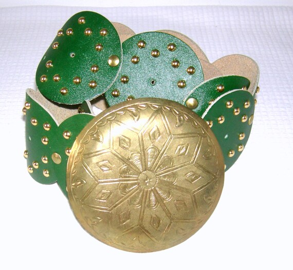 Vintage 1960s MOROCCAN Leather Concho Belt Etched Brass 