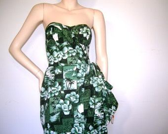Vintage 1950s SURFRIDERS Dress/ Hawaiian Sarong Dress/ Tiki/ Floral/ Rayon/ Bombshell Pinup/ VLV/ Rockabilly/ Shelf Bust/ Made Hawaii USA