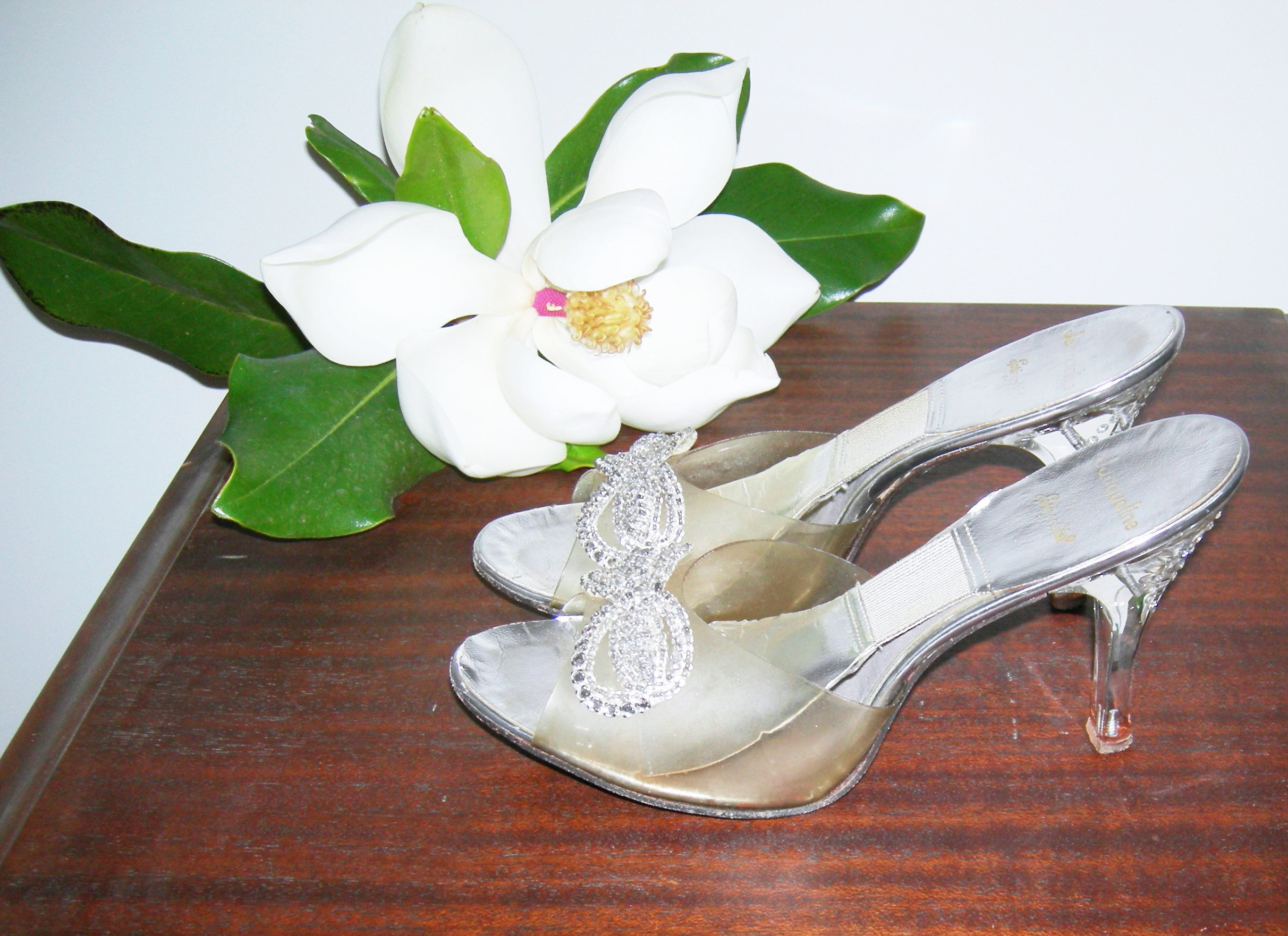 Springolator Mules 50s Vintage SPRINGOLATOR Mules Clear LUCITE RHINESTONE Bombshell Peep ...
