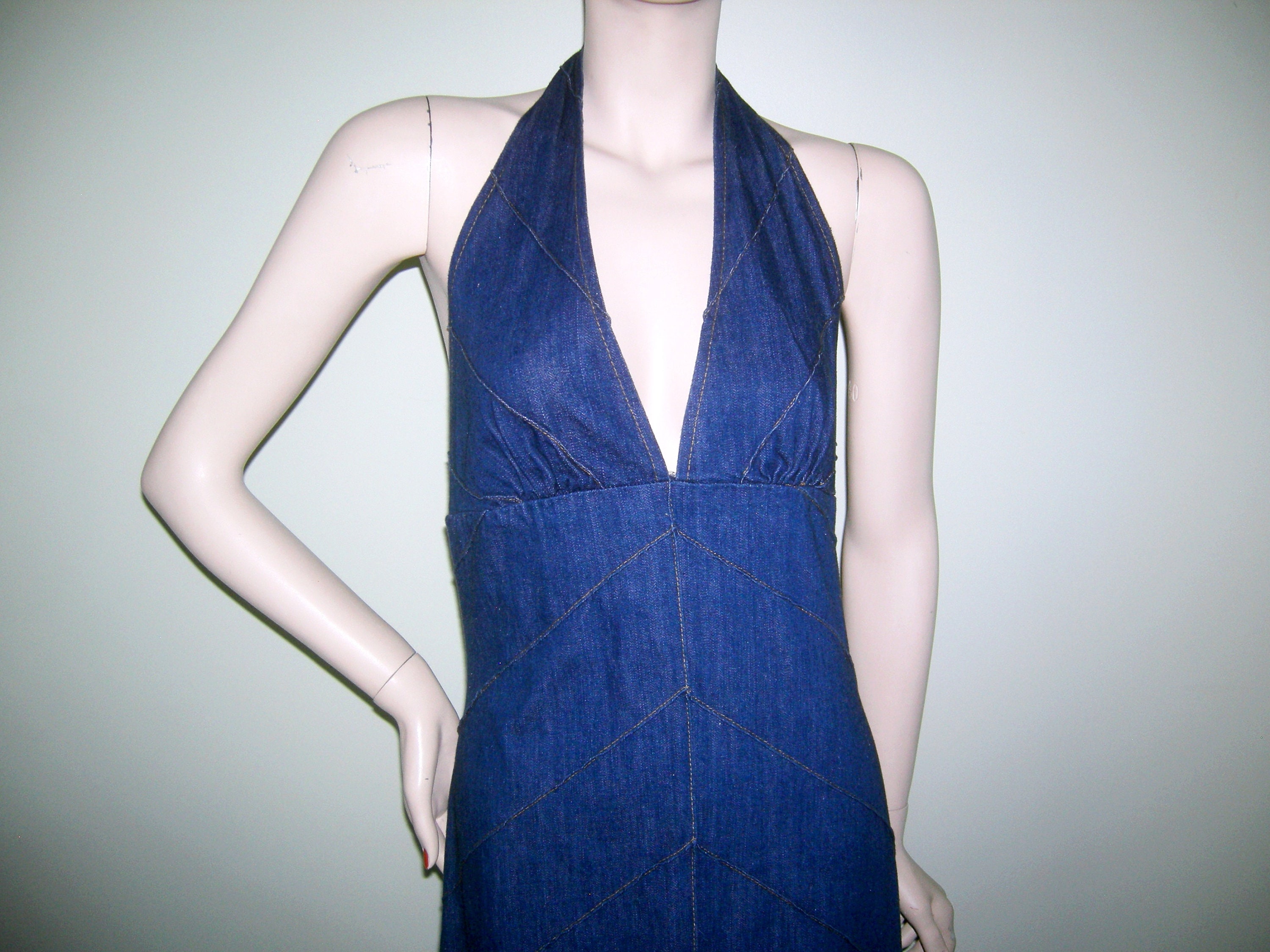 Vintage 1960s 1970s Denim Halter Dress 
