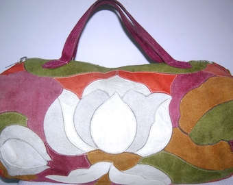 Vintage 1960s 1970s/ CHAR Bag/ Lotus Flower/ Patchwork Leather Suede/ Rock Star/ Woodstock Hippie Boho Duffel Bag Weekender Hand Made Mexico