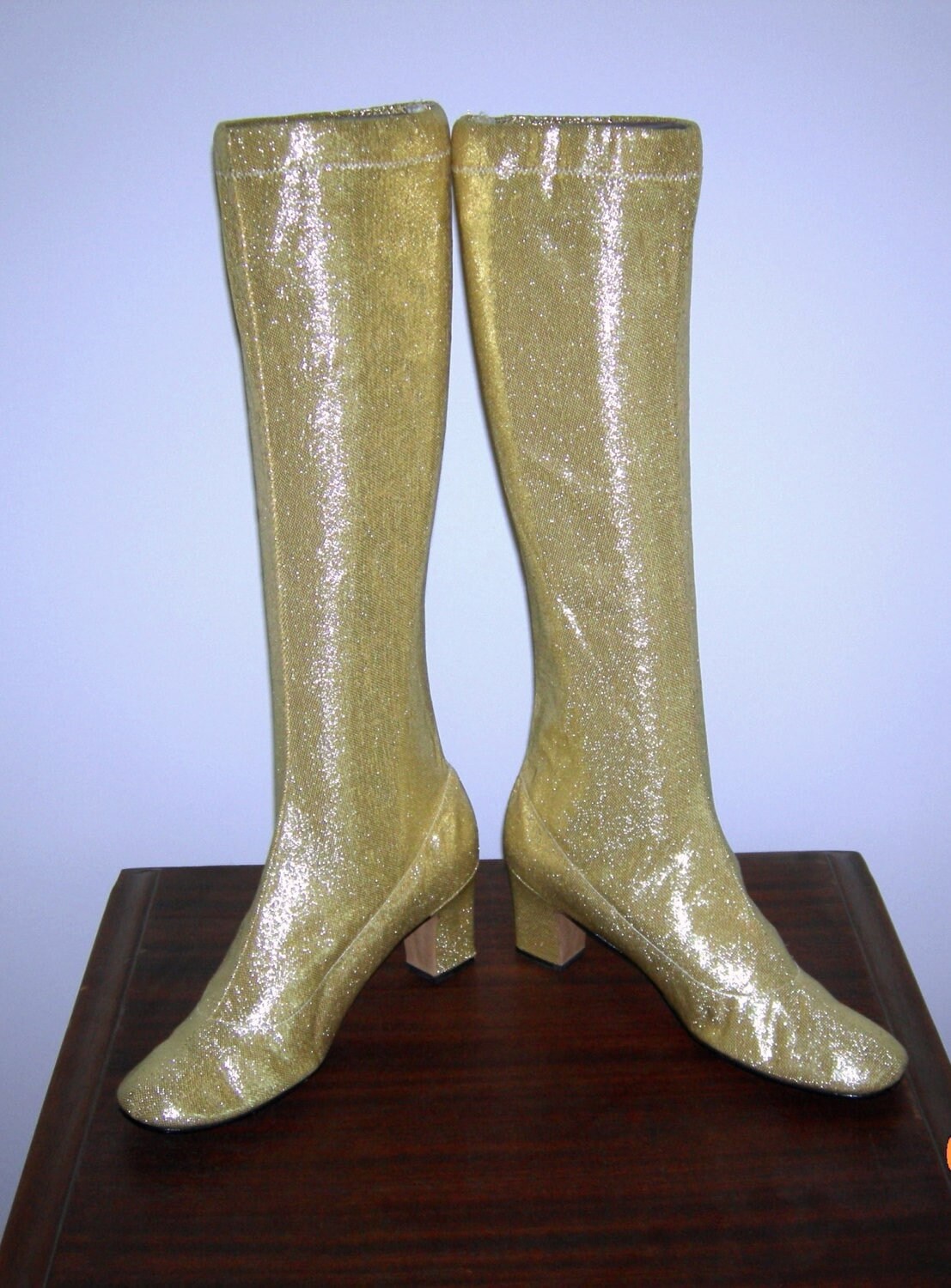 50S 60s Vtg Gold Metallic Foiled Leather Knee High Gogo Mod Boots Kitten  High Heel Rock N Roll Glam Pin up Women's US 7.5 8 EU 38 38.5 