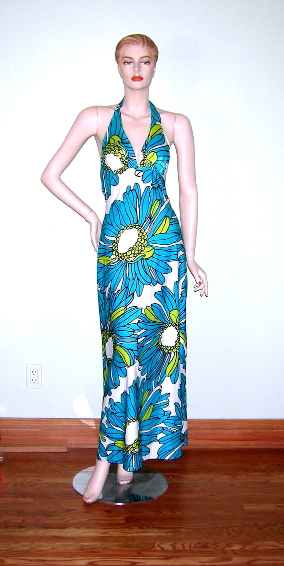 deweese design dress Vintage Deweese Dress 1960s 1970s Hawaiian Floral Chrysanthemum Sunderss  Bombshell Pin up Rockabilly Halter Swim Lounge VLV Bullet Bra 10/32