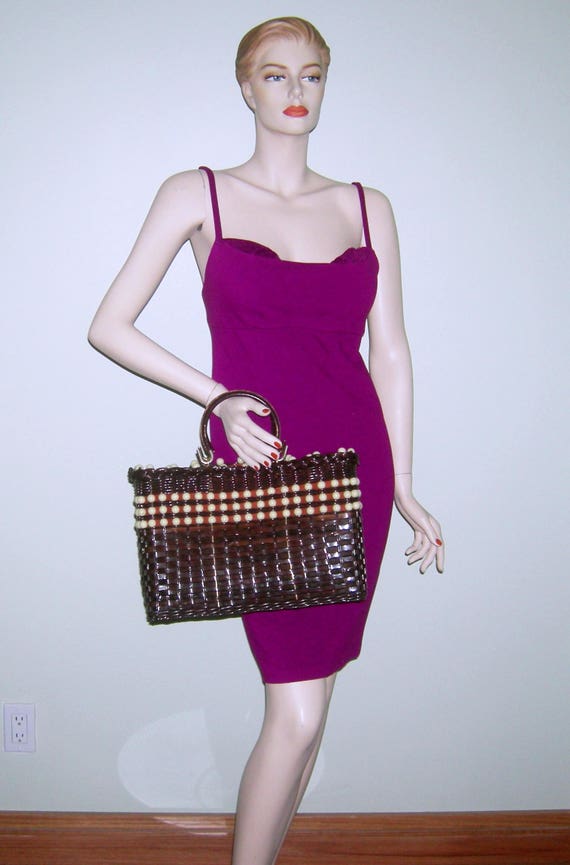 Vintage 1950s Wicker Bag/ VINYL Coated/ Brown/ Wic