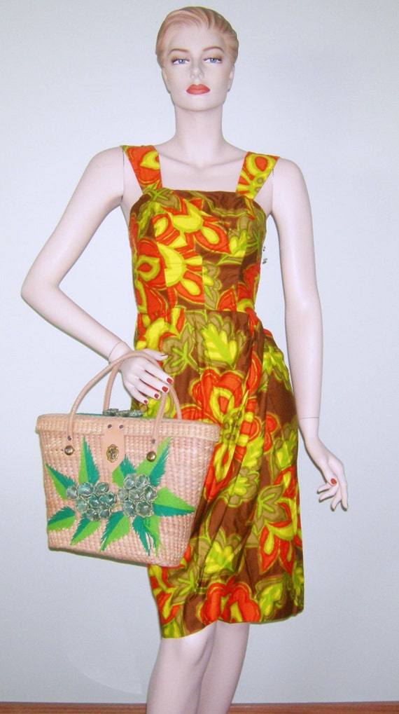 Vintage 1950s Straw Bag Hawaiian Tiki Tote Mod VLV  display picture 3