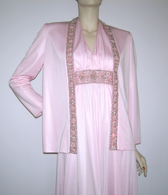 jack bryan dress designer Vintage 1960s 70s Jack Bryan Dress Mad Men Mod Pink Nylon Beaded Dress Gown  Matching Jacket Designer Maxi VLV Sexy Rockabilly Glamourous