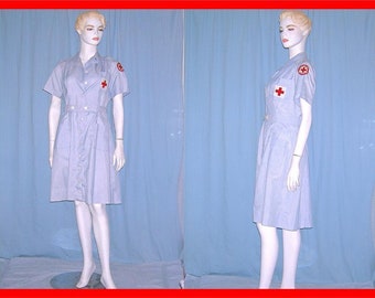 WWII Vintage 40s 50s AMERICAN RED Cross Volunteer Nurse Uniform military Dress Costume Dress & Matching Hat Rare!