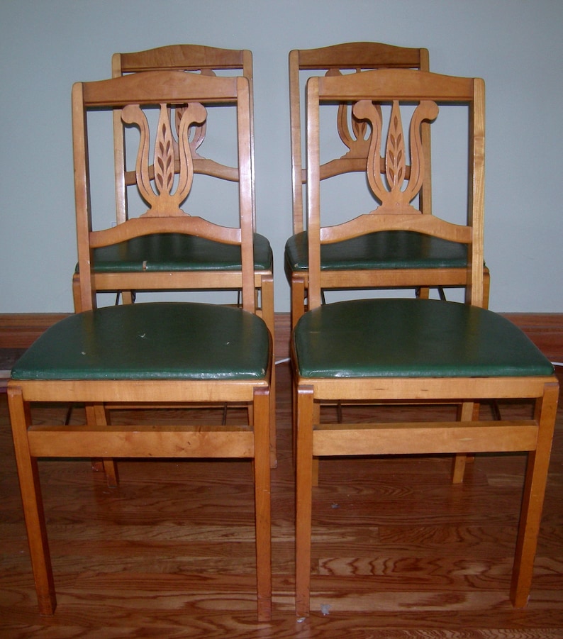 Vintage Stakmore Mid Century Wooden Folding Chair 4 Chairs Solid Wood Green Vinyl Modern Set Of 4 Chairs Made In Usa