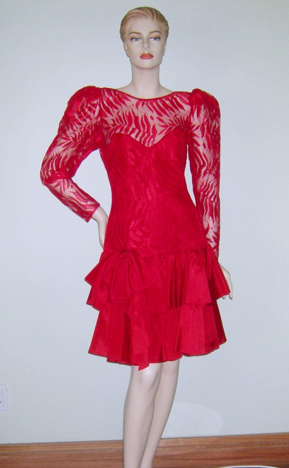 Vintage 1980s/ Contempo Casuals Dress/ Red Lace Dr