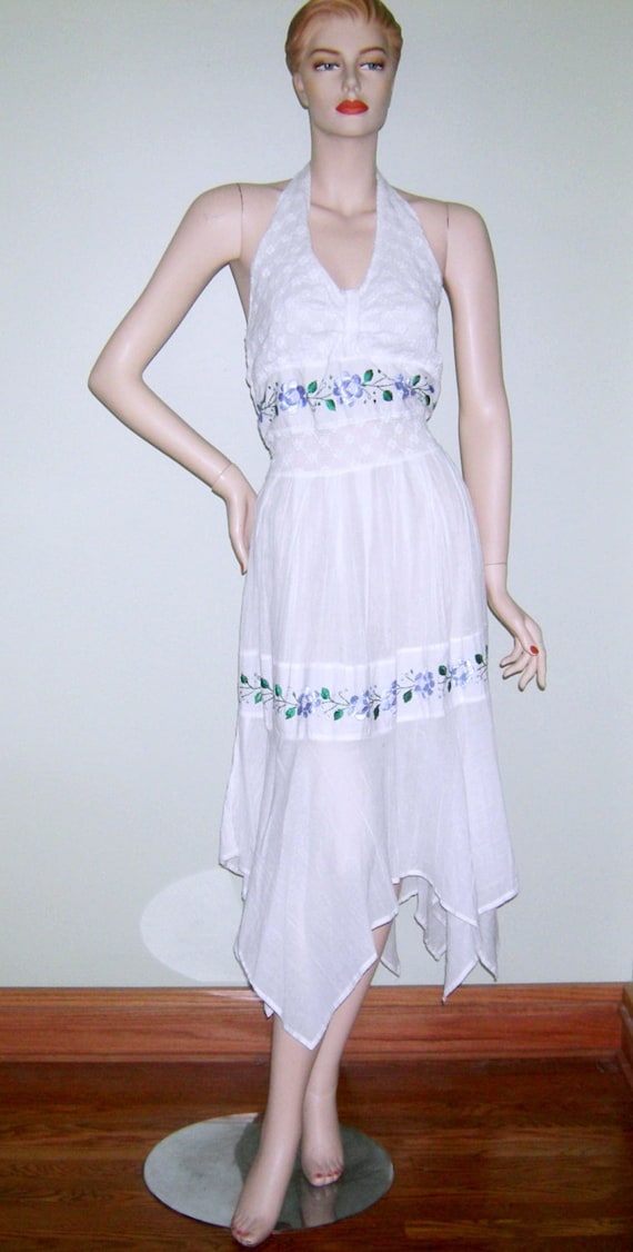Vintage 1970s Gauze Embroidered Crochet Lace Mexican Peasant Gypsy Dress  70s Boho Hippie Chic Asymmetrical Handkerchief Hem Halter Dress - Etsy