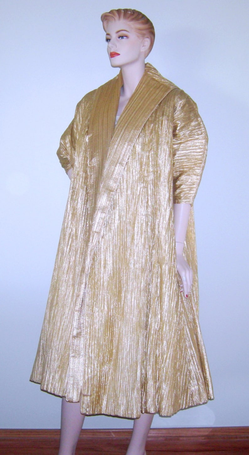 Vintage 50s Ceil Chapman Coat Haute Couture Gold Lurex Tree Bark Taffeta Trapeze Opera Coat Rare Grace Kelly image 2