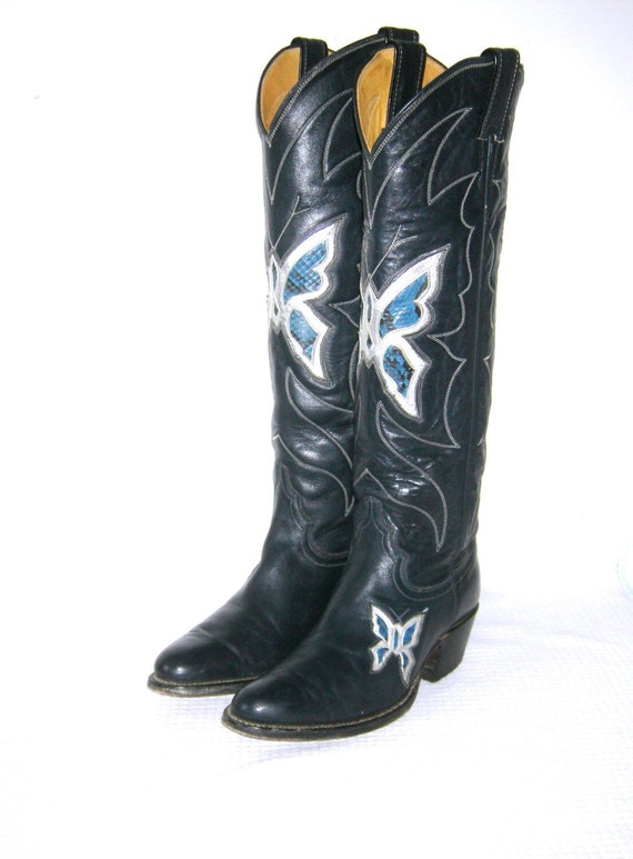 Vintage 1970s Justin Cowboy Boots Butterfly Inlay 
