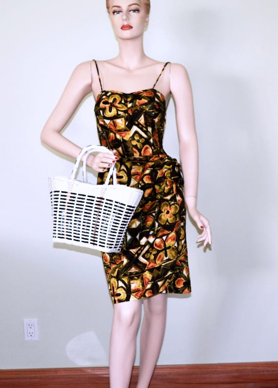 Vintage 1950s Wicker Bag/ VINYL Coated/ Black and