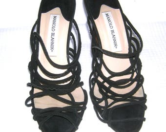 MANOLO BLAHNIK Strappy Black Suede LEATHER Crisscross Strap Sandals High Heels Mules Made in Italy 38