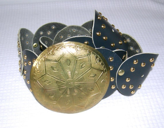 Vintage 1960s MOROCCAN Leather Concho Belt Etched Brass Blue 