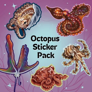 May include: A pack of octopus stickers in various colors and designs, including brown, red, and striped patterns. The stickers have a cartoon style and are set against a purple and blue background. The text "Octopus Sticker Pack" is displayed.