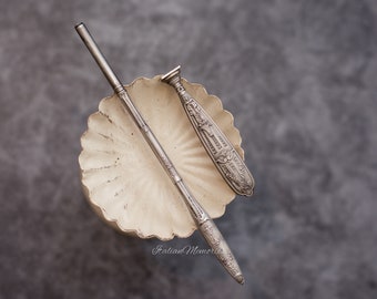 Antique french silver writing set, Dip Pen, wax seal stamp 1800s