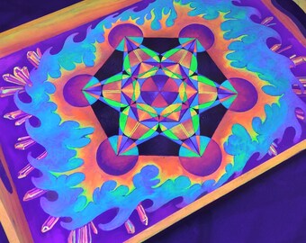 Hand Painted Wooden Rolling Tray Metatron's Cube Sacred Geometry Blacklight Glow UV Neon Fire Water Earth Air Elements Acrylic Painting