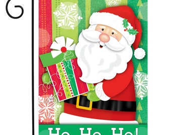 Cute, Whimsy Santa with Gift, Snowflakes, Stripes and saying Ho Ho Ho!