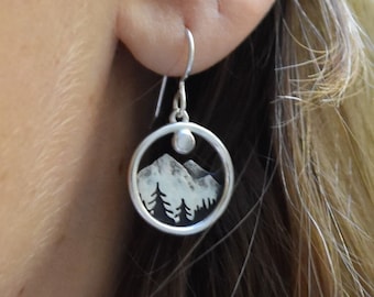 Alpine Dreamer Moonstone Earrings - Mountains and Pine Trees - Sterling Silver Forest at Night Moon Jewelry - Mountain Hoops